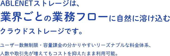 ABLENETストレージは、業界ごとの業務フローに自然に溶け込むクラウドストレージです。ユーザー数無制限・容量課金の分かりやすいリーズナブルな料金体系、人数や取引先が増えてもコストを抑えたまま利用可能。