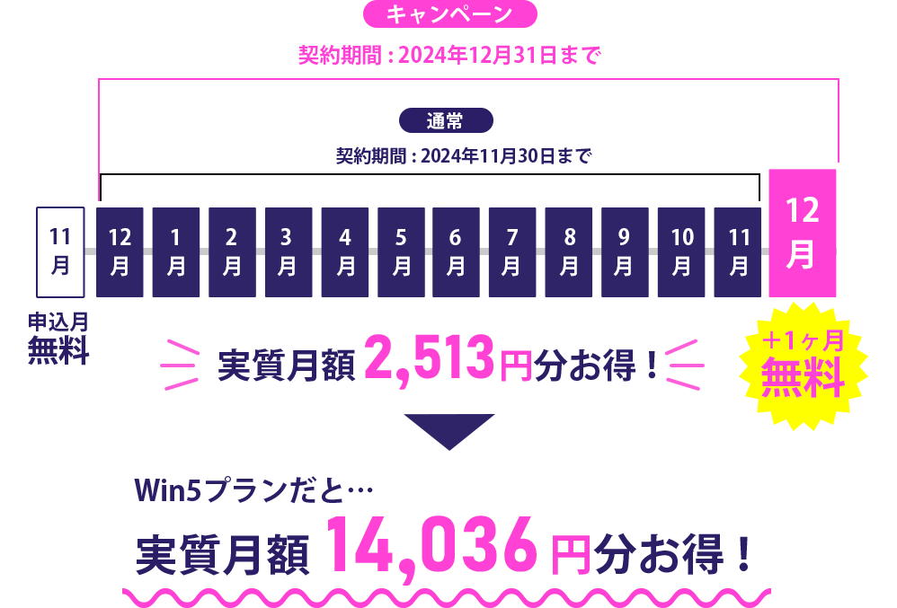 通常:契約期限 2024年11月30日まで キャンペーン:2024年12月31日まで 実質月額2,513円分お得!WIn5プランだと実質月額14,036円分お得!